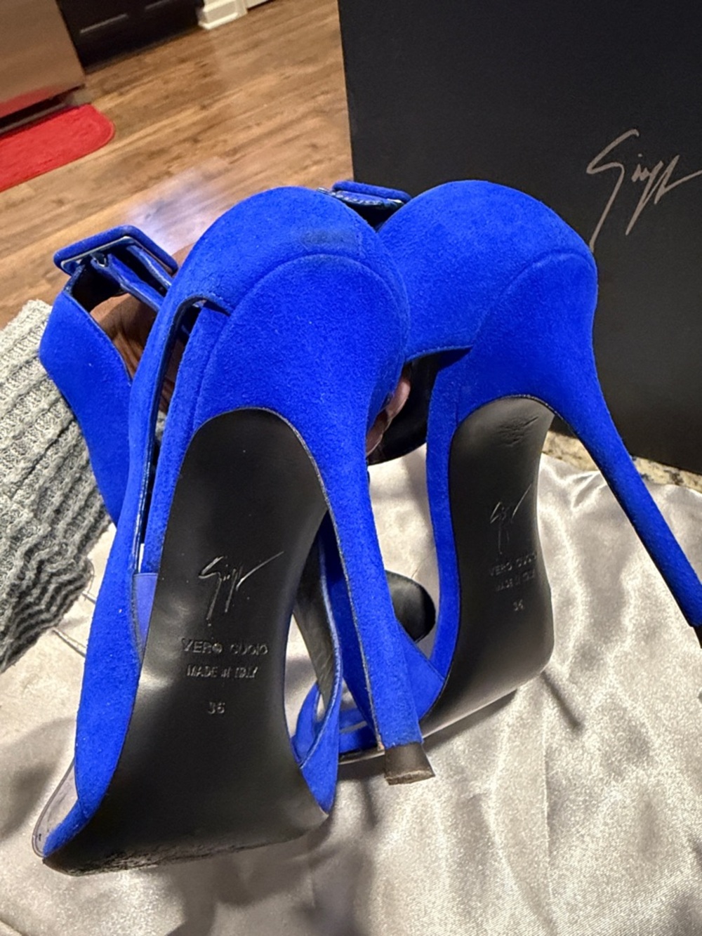 Giuseppe Zanotti Cobalt Blue Suede Sculptural Cutout Stiletto Sandals - Picture 6 of 6